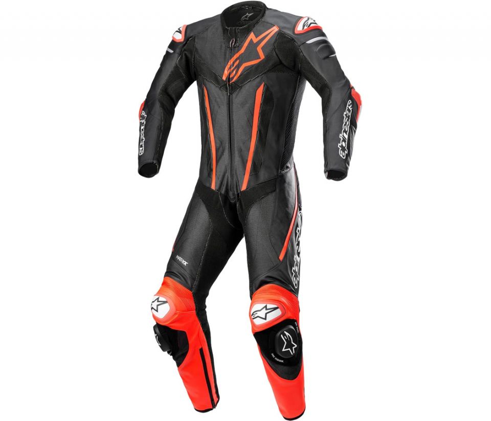 cyclebitz: Alpinestars Fusion 1-Piece Race Suit Black/Red Fluo