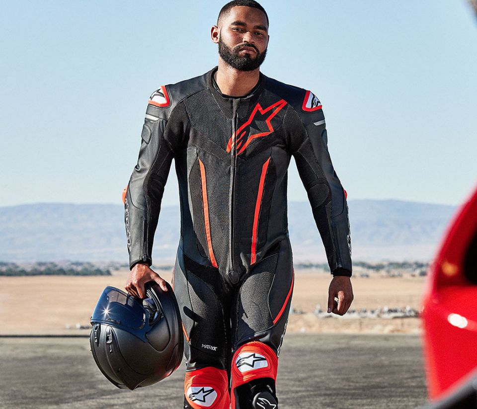 cyclebitz: Alpinestars Fusion 1-Piece Race Suit Black/Red Fluo 