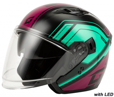 GMAX OF-87 Duke Open Face Helmet w/ LED Black/Aqua/Coral