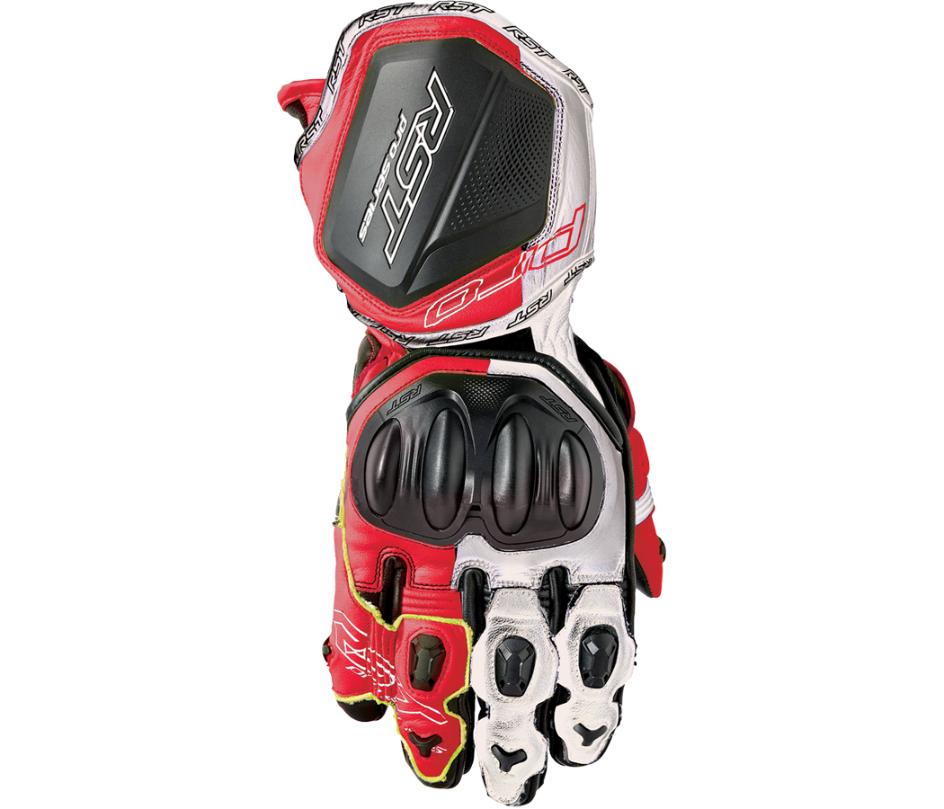 cyclebitz: RST Pro Series GP D3O® Gloves White/Red Fluo Leather