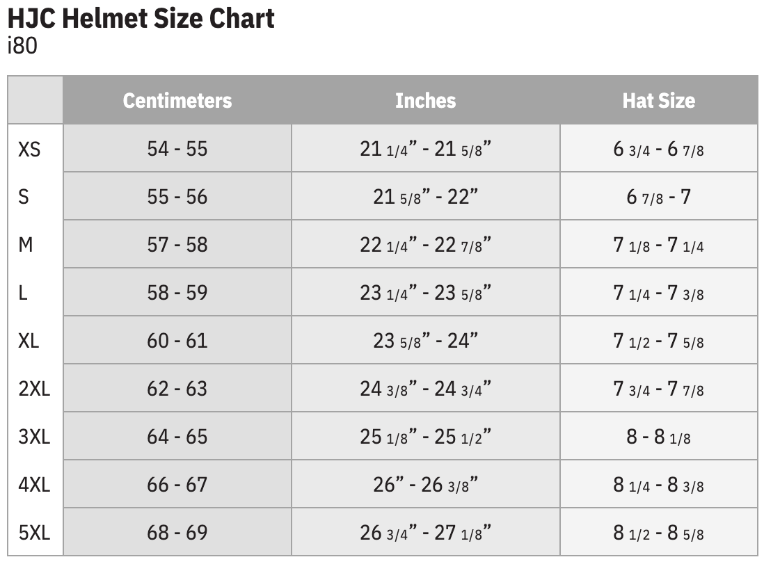 HJC i80 Helmet Size Chart